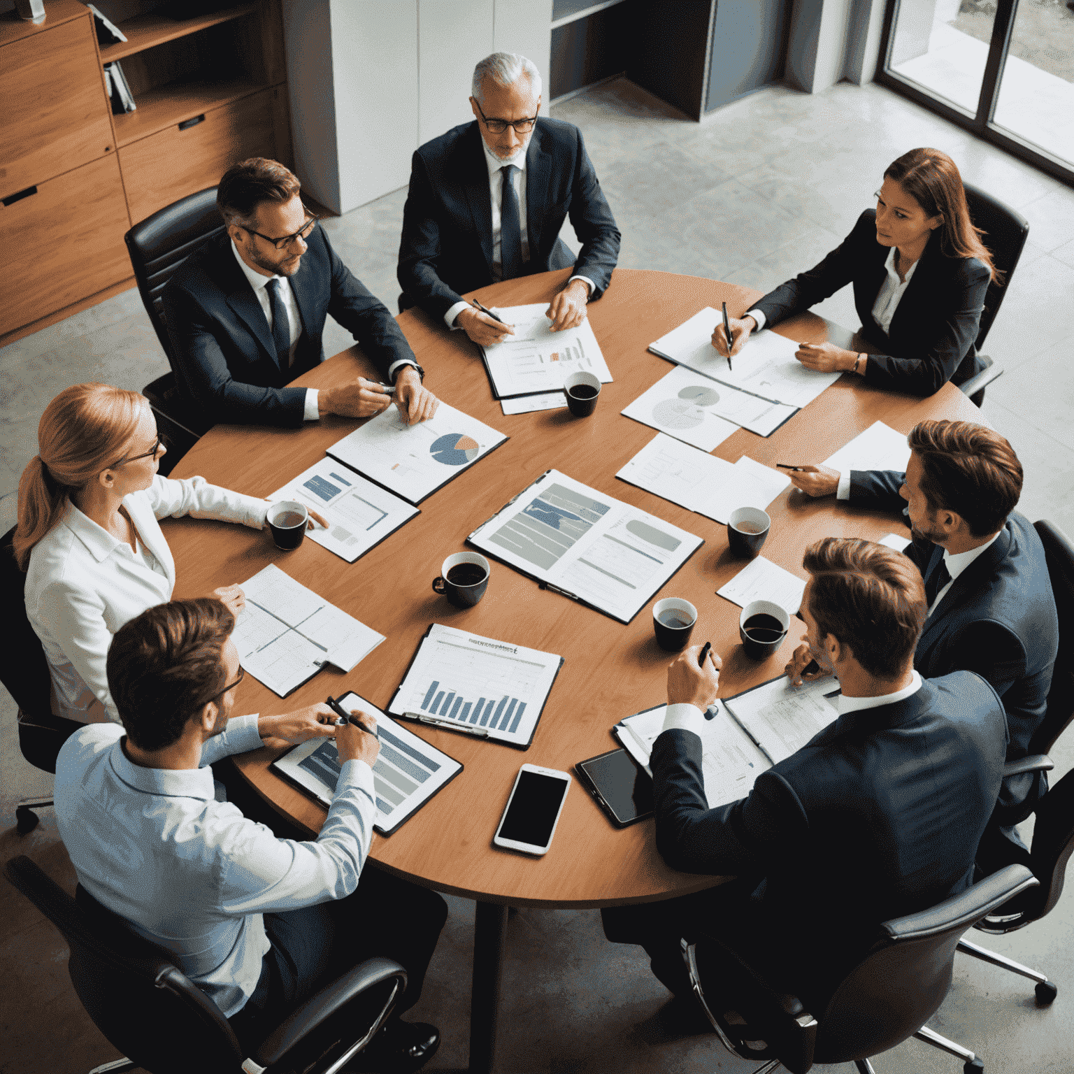 A group of business professionals discussing a strategic plan around a conference table