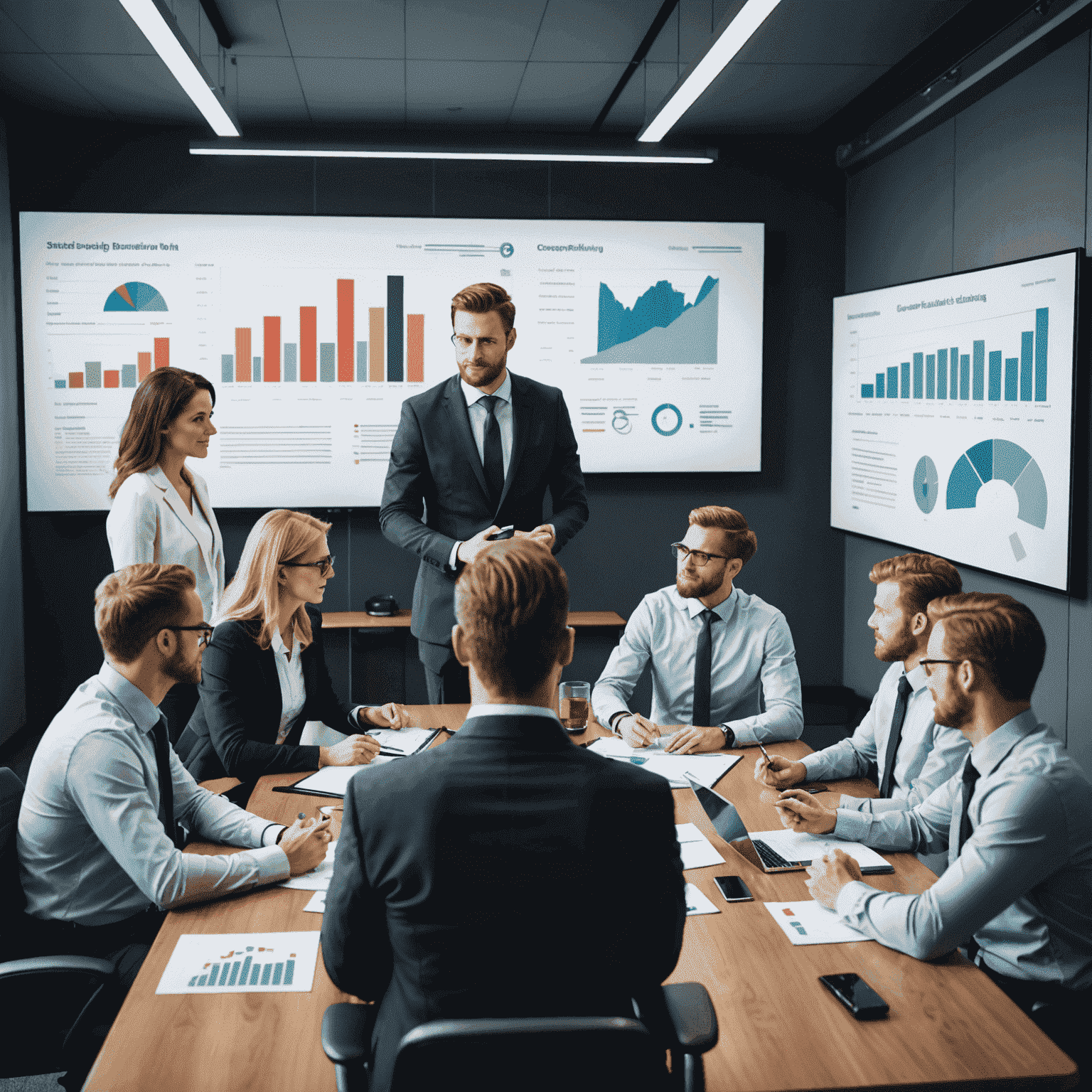 A team of business professionals gathered around a conference table, engaged in strategic planning discussions. Charts, graphs, and financial data are visible on a large screen at the front of the room.