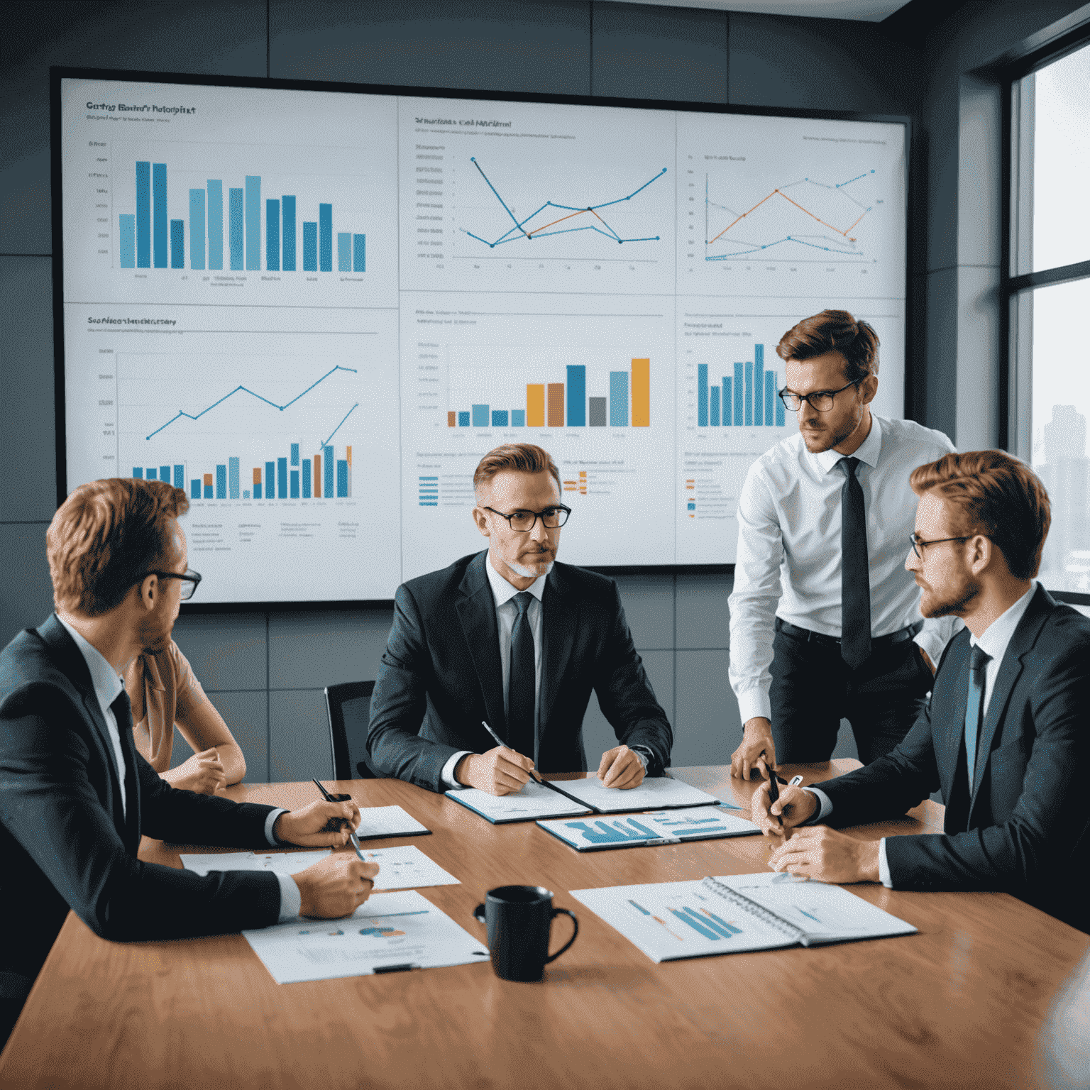 A team of financial consultants discussing strategies over a conference table, with charts and graphs on a screen in the background