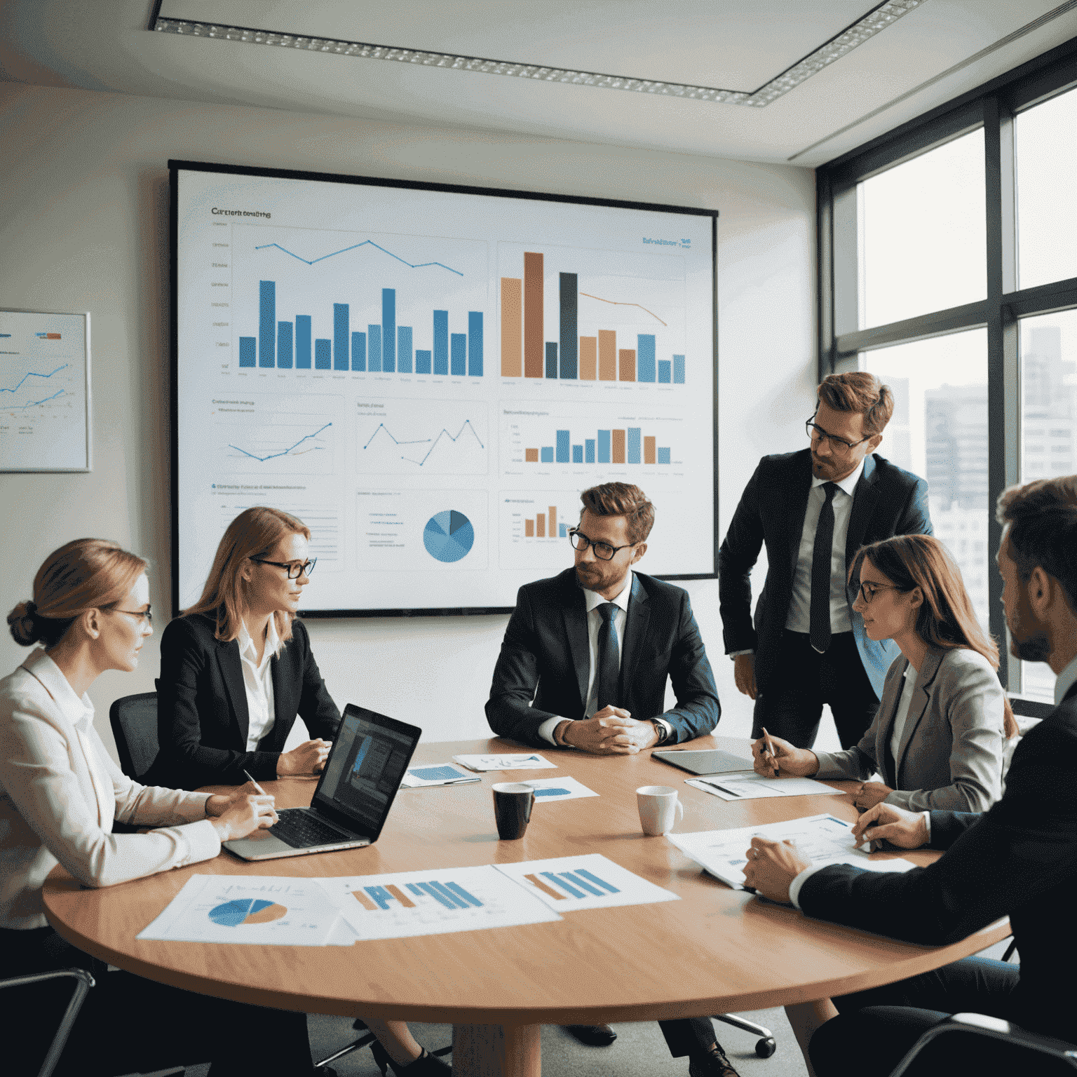 A group of business professionals discussing strategies around a conference table, with charts and graphs on a screen in the background