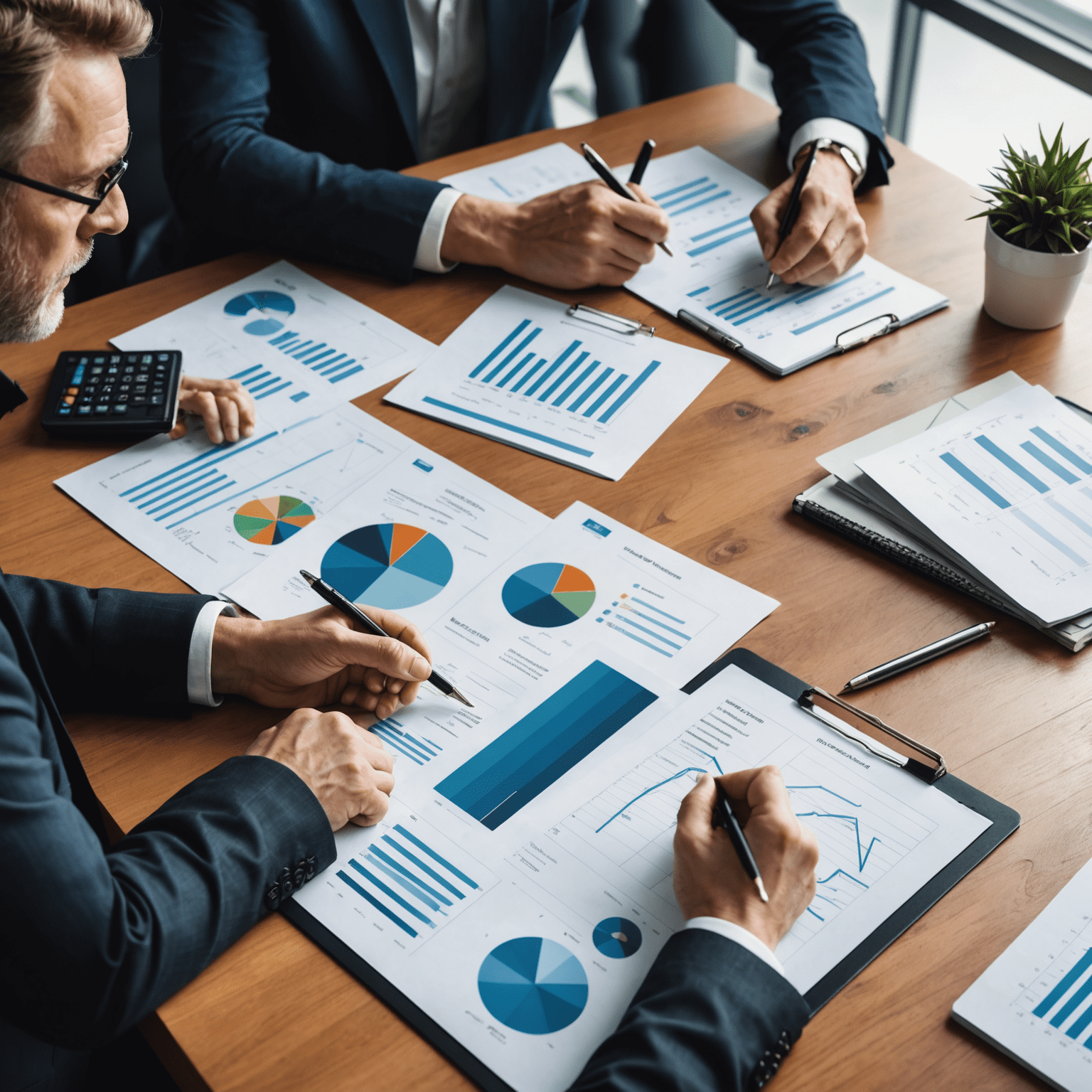 Financial consultants analyzing data on charts and graphs to identify cost reduction opportunities