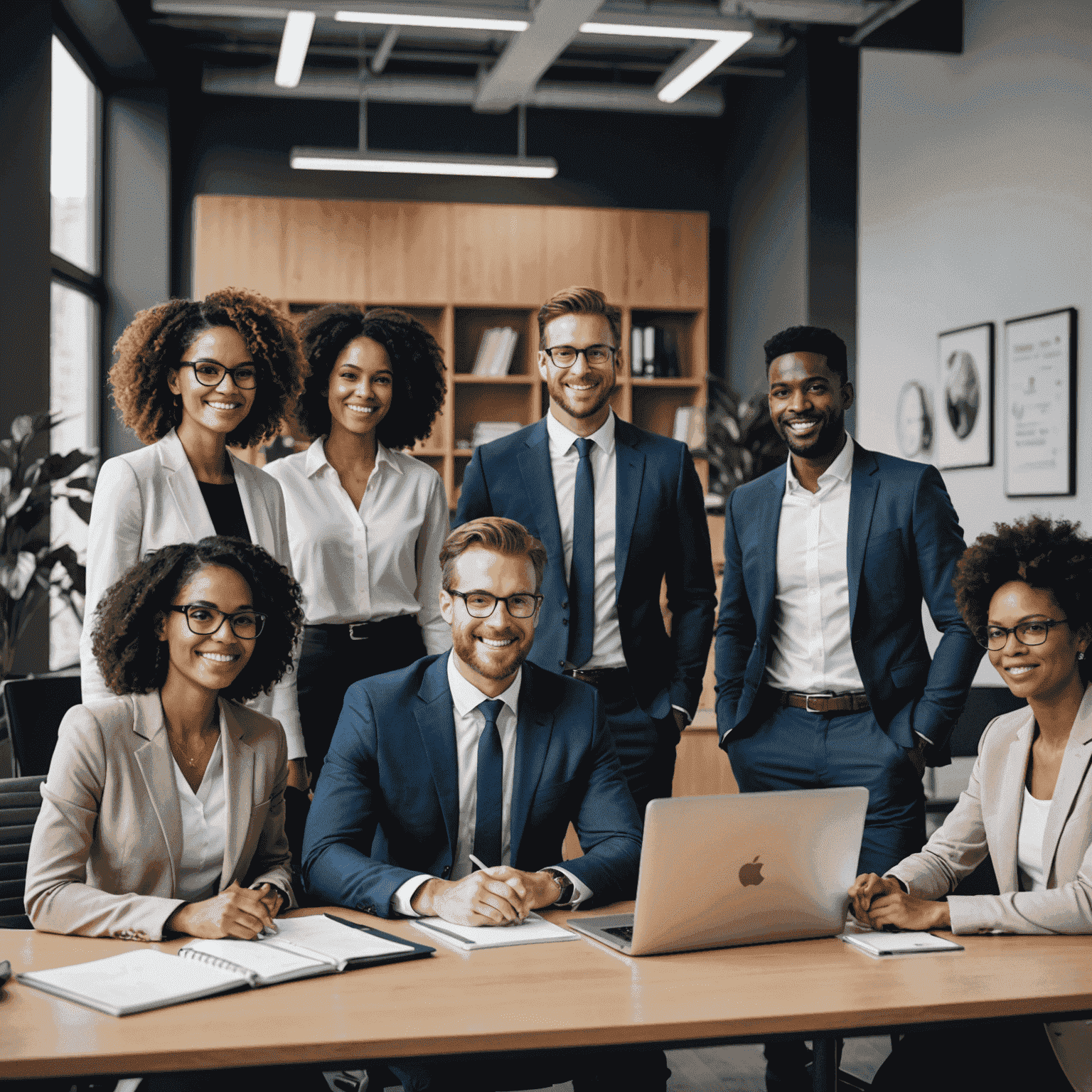 Diverse team of professionals collaborating in a modern office setting, representing a strong, positive corporate culture