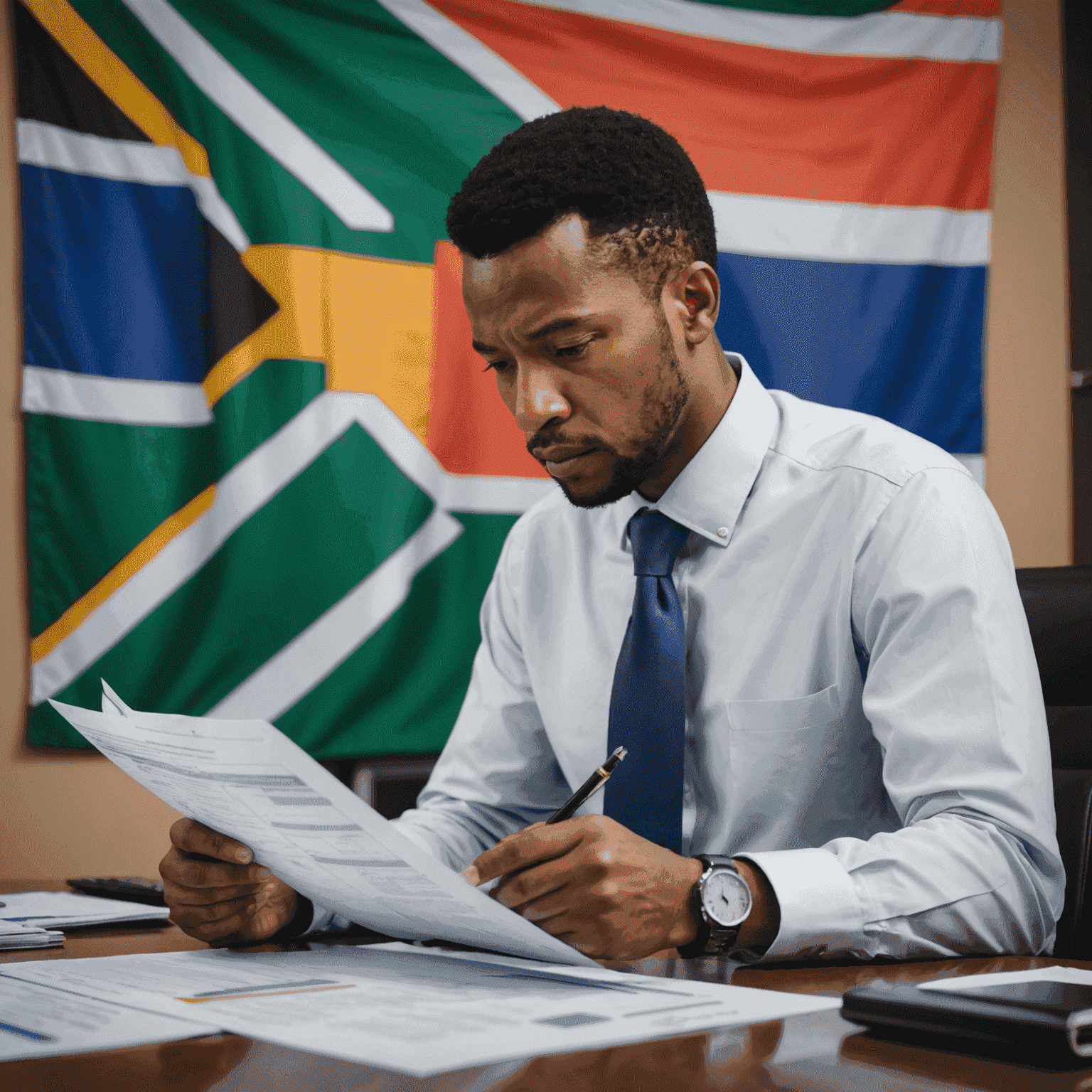 A businessman looking concerned while reviewing financial documents, with the South African flag in the background.