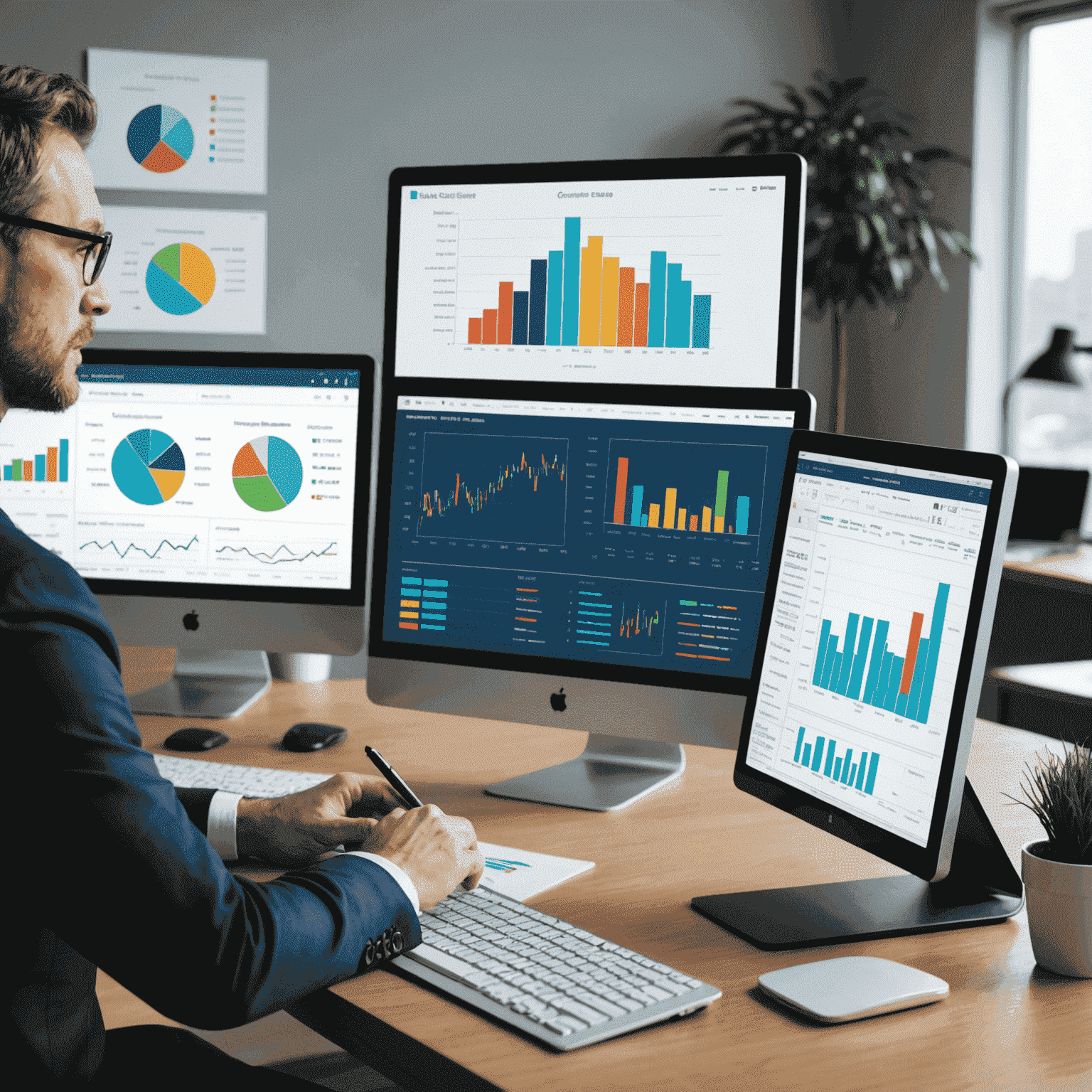 A financial consultant analyzing financial data on a computer screen with charts and graphs