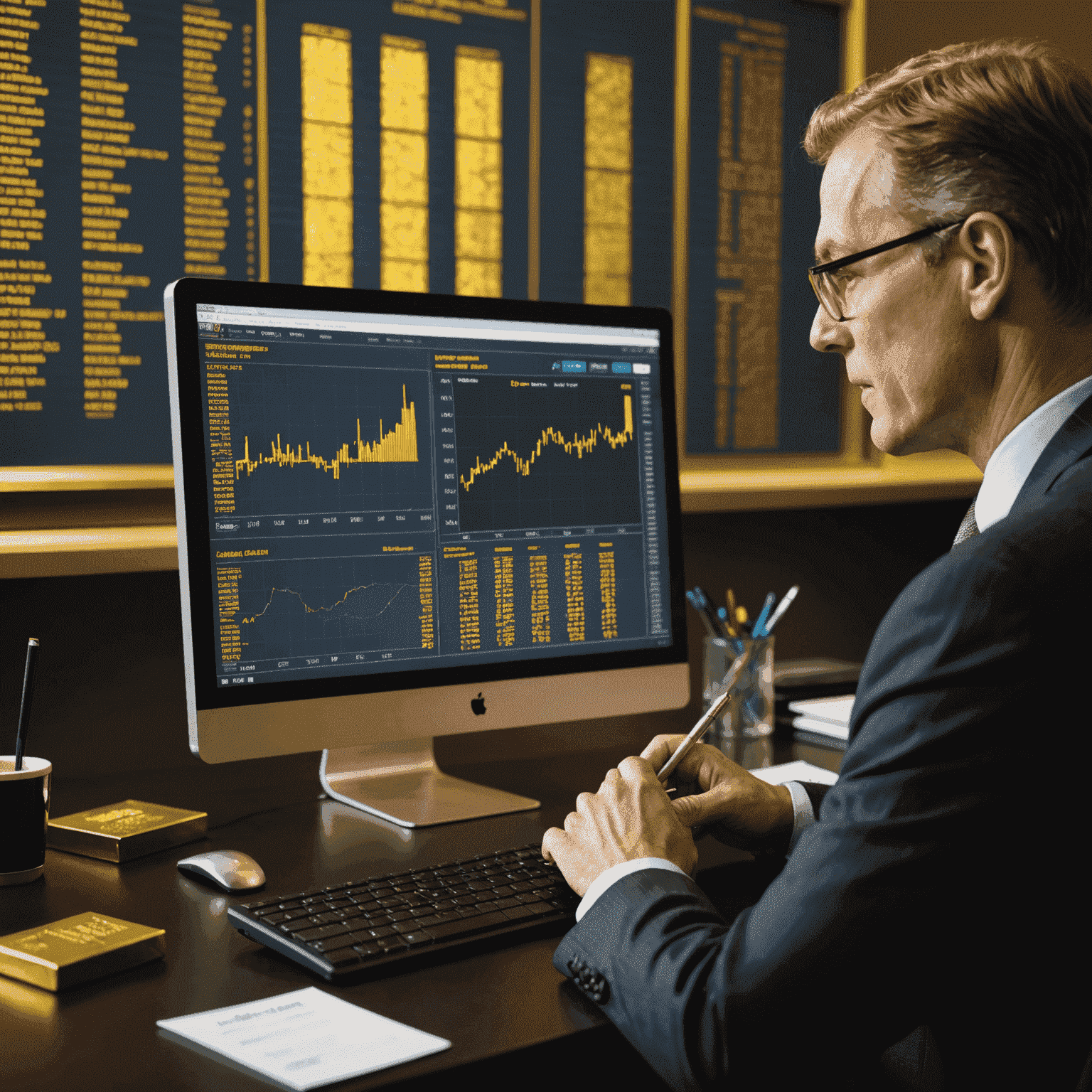 A financial consultant reviewing financial statements and data on a computer screen. Gold bars are visible in the background, symbolizing the potential for gold-backed financial strategies.