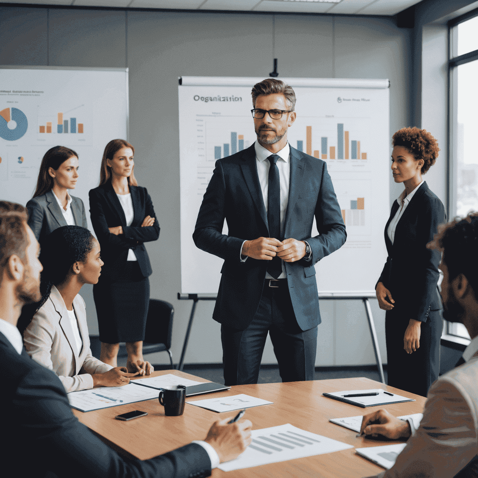 A confident business leader standing in front of their team, guiding them through a presentation on organizational change.